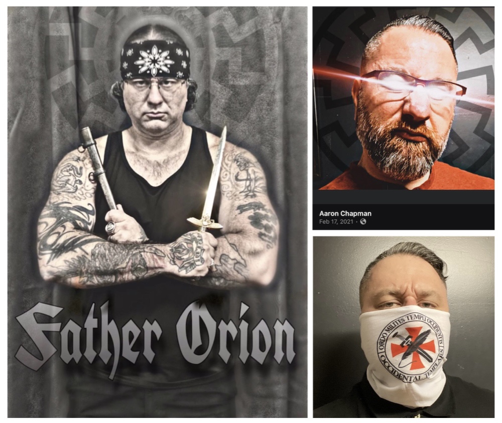 Three images of the same man. In the first image, he is standing in front of a tapestry adorned with a Black Sun, wearing a black tank top, a black and white bandanna across his forehead and holding a dagger and a scabbard. The picture is stylized to depict him as someone to be feared, but it misses the mark and comes off pretty goofy. The second image also shows him in front of a Black Sun, this time in an orange shirt and with lasers coming out of his eyes. This picture also misses the mark, and he appears more like a caricature than a neo-Nazi warlord. The third image, taken from the shoulders up, shows him modeling a white gaiter that is branded with the OMTO logo: Ablack sword and a black feather cross-crossed over a red iron cross, centered inside two black circles. The text inside the circles reads: “Ordo Milites Templi Occidentis”.