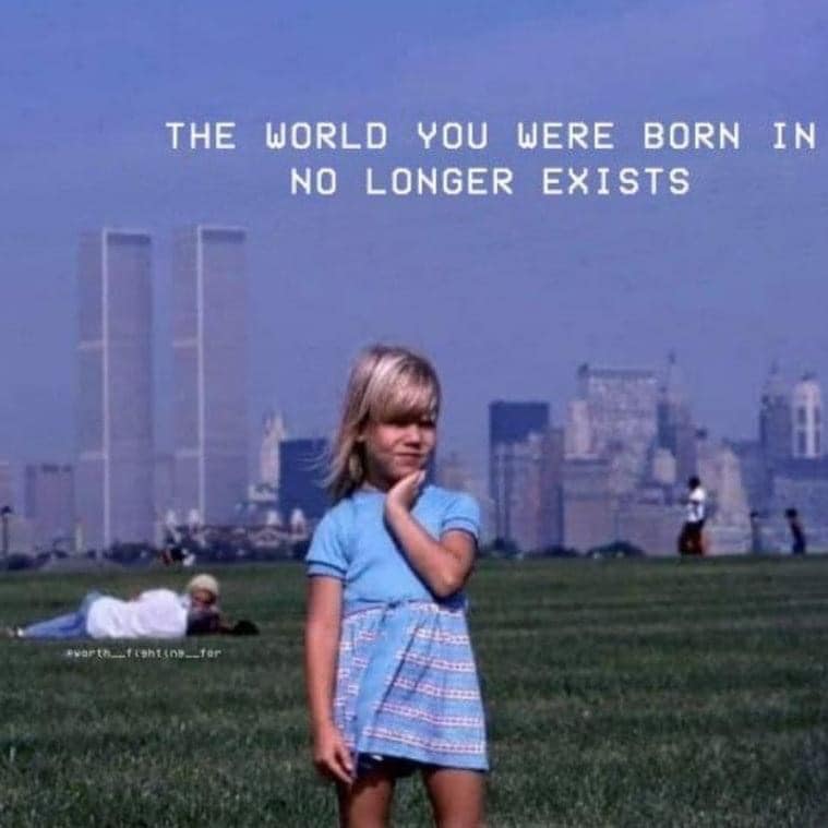 A faded looking photograph depicts a young blonde girl standing on a grassy plain in front of a distant New York skyline which still includes the twin towers of the World Trade Center. A caption proclaims ‘The world you were born in no longer exists.’ Behind her a an adult couple embrace on the grass. A much smaller caption beneath their bodies says ‘worth fighting for.’