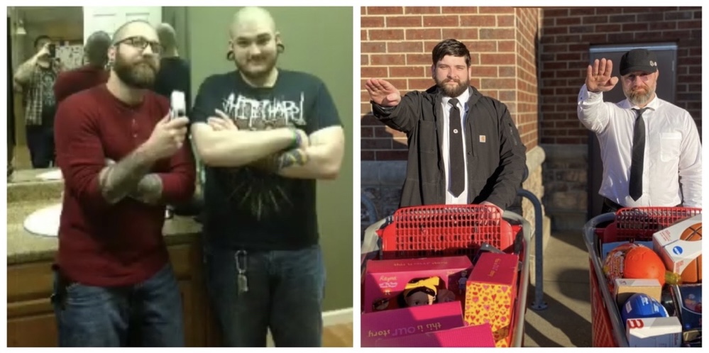 (Left) Two men are standing side-by-side in front of a bathroom sink. The older man on the left is holding up a pair of hair clippers and the younger man on the right is standing with his arms crossed and his head shaved bald. (Right) The same two men are standing outside of a brick building, posing behind two shopping carts full of toys with their right arms raised in a “Sieg Heill“ salute.