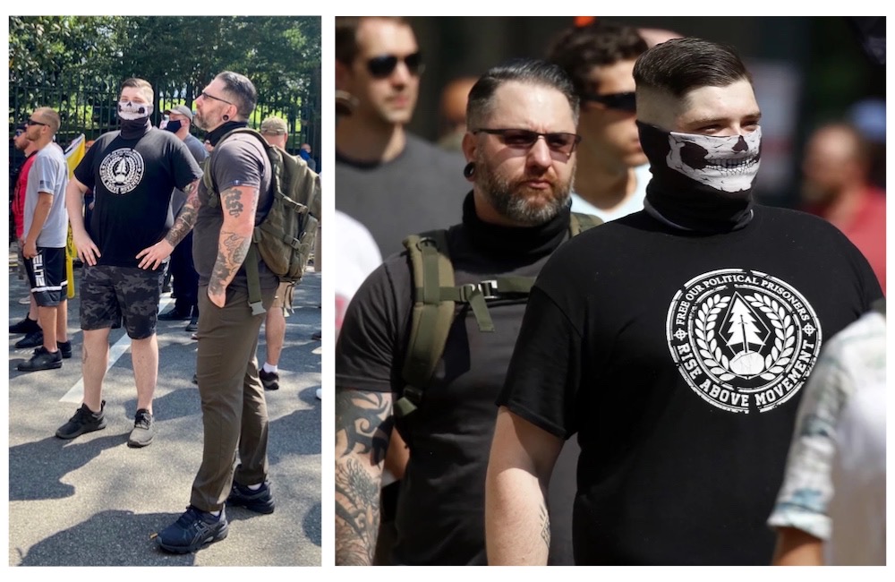 Two images taken from the same event show two men standing in a crowd. The older man has grayish-brown, slicked back hair, a short beard and a mustache and is wearing a dark gray shirt, olive green pants, black running shoes and an olive green backpack. The younger man has dark brown hair and a fashy style haircut, and is wearing a black shirt with white writing that says “Free Our Political Prisoners. Rise Above movement”, gray camouflage patterned shorts, black shoes and a skull face mask. Both men have multiple tattoos on both arms.