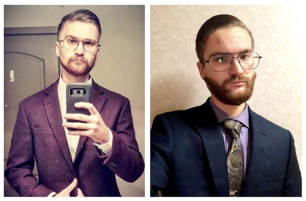  to side-by-side images showing the same man wearing two different suits. He has reddish brown hair, a dark ginger beard and is wearing a pair of thin framed glasses. 