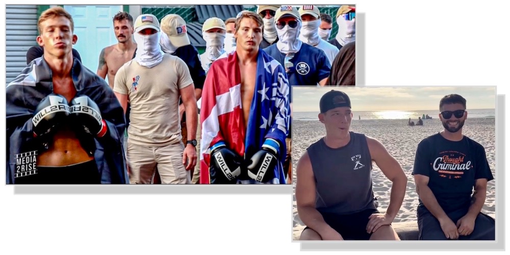 Left: Approximately 13 men are pictured standing clustered in a group. All but 3 of them have their faces obscured by the white gaiters and khaki hats commonly associated with Patriot Front nazis. Ever the thirsty promo model, a shirtless Grady Mayfield is standing in the foreground. His black and white Will2Rise branded boxing gloves are pressed together in an attempt to look tough, and a black and white silken flag is draped around his shoulders like a cape. To his left, Conner Patrick Moran wears matching Wil2Rise gloves, and a Patriot Front fasces flag as his topcoat. He stares off blankly, seemingly looking past the camera and hopefully reconsidering his life choices.  |  Right: Wearing a backwards black snapback hat and a faded black muscle shirt that says “Bad Boys Good Habits” in white print, Grady sits on top of a cement fence on the beach with his comrade Goff, who wears a black tshirt with orange and white screen print that says “Thought Criminal” is smirking at the camera. 