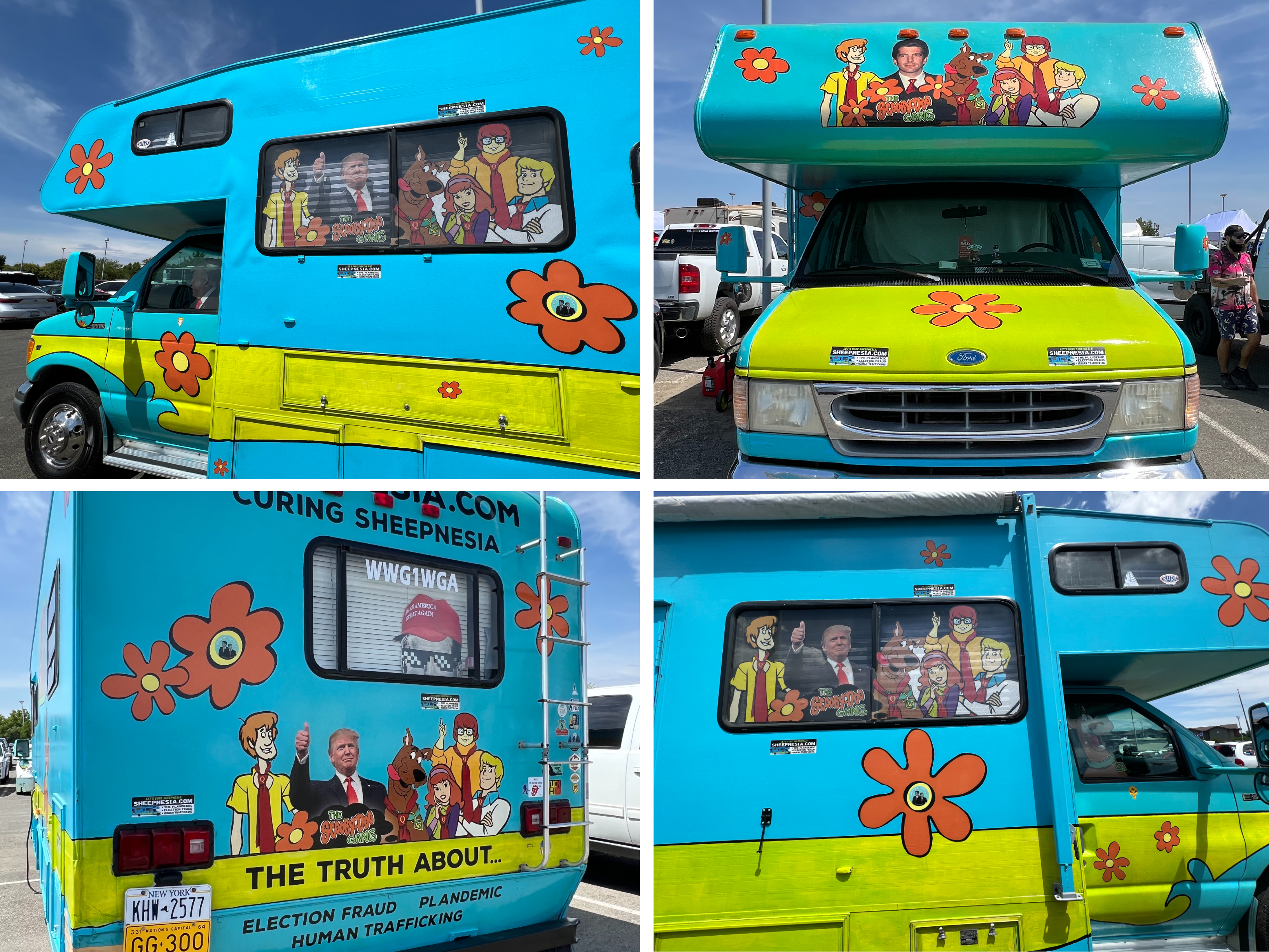 4 pictures showing each side of the heavily decorated Scooby Doo themed bus. Edits of the cartoon are mixed with photos of Trump and JFK Jr. Window wraps on the driver window show Trump, the passenger side shows Scooby. The back of the bus shows a large head of JFK Jr. with a MAGA hat and sunglasses, a sticker reads “WWG1WGA” and the bumper area reads “The truth about election fraud, pandemic, human trafficking.” The flowers printed all over the bus have stickers of Trump and JFK Jr. with the text “we got them all.”