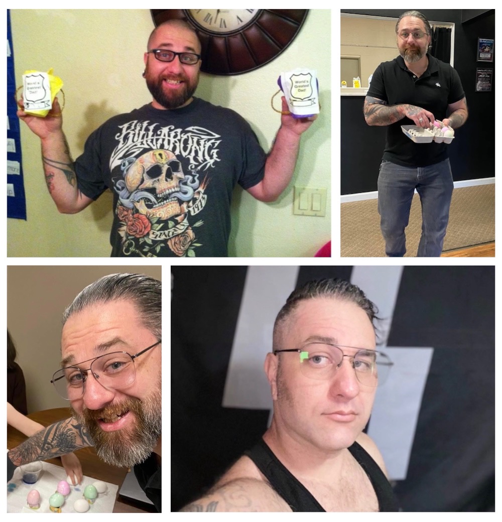 Four images depicting the same man. (1) The man is sporting a few tattoos on his right arm, a shaved head, black-rimmed glasses and a Billabong brand shirt featuring a large skull and roses. He is displaying two small, hand-made baskets that say ”World’s Greatest Dad”.  (2) and (3) The man, now just a few years older, with tattoos covering both arms and hands. His head and facial hair is grown out and graying, worn in a slicked back style. His glasses are larger, but the rims are much thinner. In both images, he is dying Easter eggs. (4) The man sporting a clean-shaven face and a fashy haircut: Closely cropped on the sides and left longer on the top. He is wearing a black tank top and standing in front of a black flag featuring the logo of the Nazi SS: Two white bolts resembling the letter “S”.