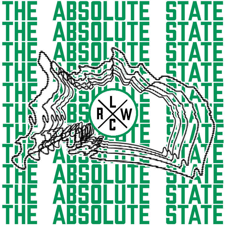 an upside down outline of the lower 48 U S states with the LCRW logo in the center and the words 'the absolute state' repeated over and over in green behind it