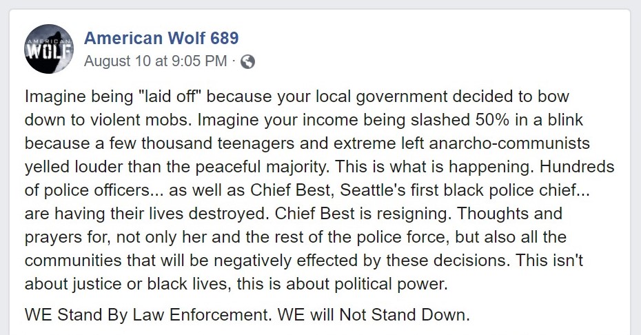 American Wolf Facebook rant against Black Lives Matter, calling them anarcho-communist teenagers.