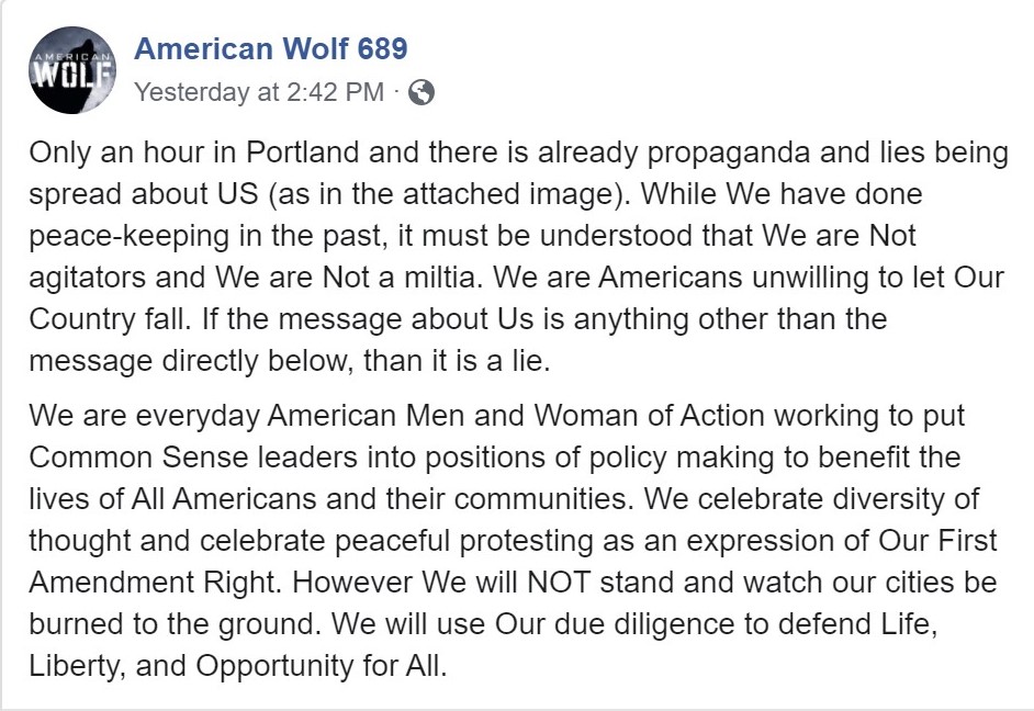 American Wolf propaganda statement deflecting from their agitation during the protest.