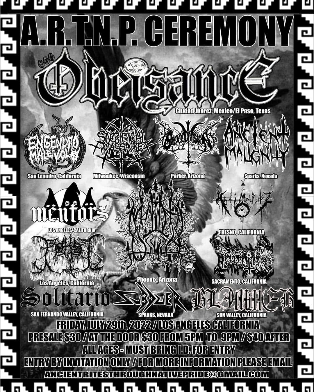 Flyer for the 'A.T.R.N.P. ceremony' show. Thirteen bands with mostly illegible logos over some gothic image of satan descending earth or something.