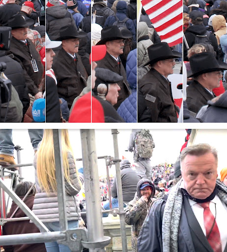 Top photo shows Rep. Mark Finchem walking through a crowd of people near the DC Capitol steps, on the bottom former representative Anthony Kern walks through the West Front area of the Capitol as people climb the scaffolding around him.