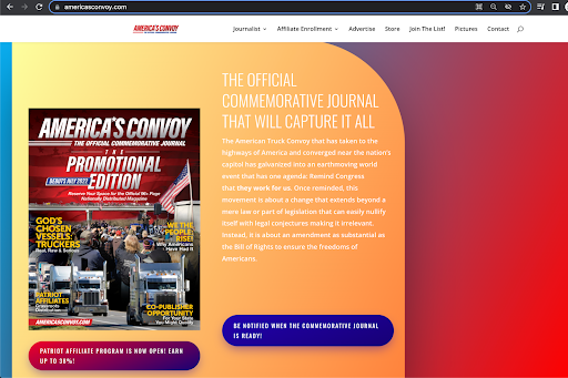 Screenshot of America’s Convoy dot com advertising the 'America's Convoy the official commemorative journal' and a magazine-like cover of some trucks with flags with headlines like 'God's chosen vessels: truckers' and 'co-publisher opportunity'