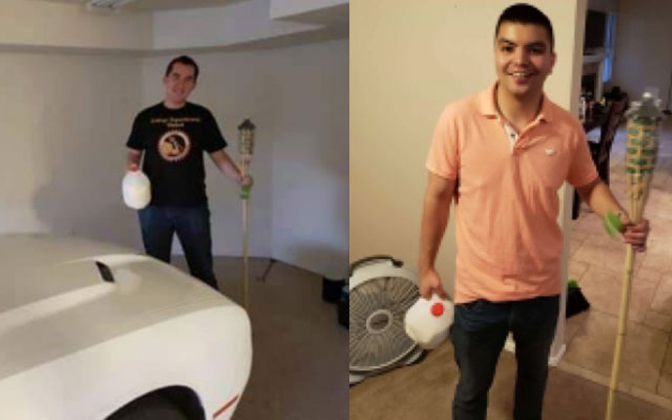 two men poses holding a gallon of milk in one hand and a tiki torch in another. Richard Thomas is wearing an official ASU-CRU shirt and posing in front of a Dodge Challenger.