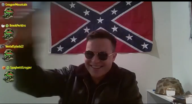 Sanchez streaming in front of a Confederate battle flag. People in chat have Groyper in a stormtrooper outfit as their icons