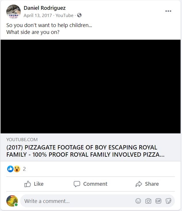 Danny sharing a pizzagate conspiracy video.