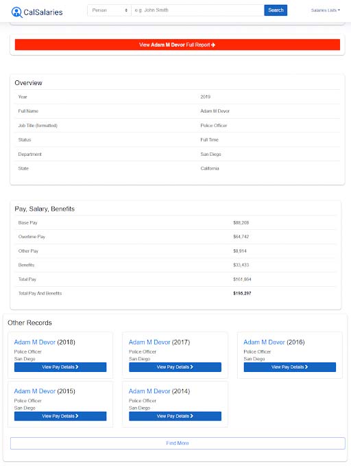 calsalaries data shows that Adam M Devor has worked for SDPD since 2014. His job title is 'Police Officer,' he is full time, he works in SDPD, and his total Pay and Benefits is $196,000 for 2019