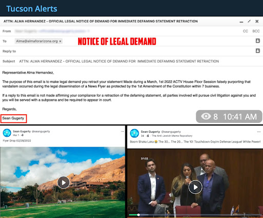 top pic: an email to Rep. Alma Hernandez from Sean Gugerty complaining about her use of the term 'vandalism' when discussing the nazi flyers. The bottom two screenshots are from Sean Gugerty’s personal Gab account, he shares the Catalina Foothills flier drop video, and the other is the video of Rep. Hernandez’s speech with the caption 'Boom Shaka Laka. The 30… the 20… the 10! Touchdown Goyim Defense League! White Power!'