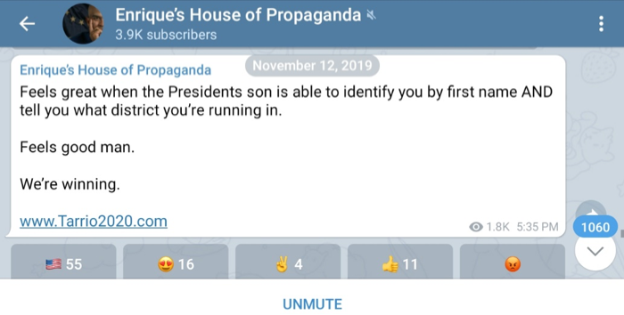 Tarrio gloating over Donald Trump Jr. knowing him personally on his personal telegram, saying 'Feels great when the Presidents son is able to identify you by first name AND tell you what district you're running in. Feels good man. We're winning.'