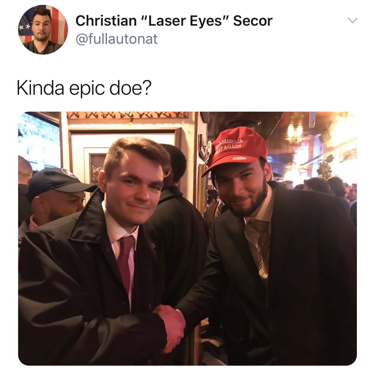 Christian Secor poses with Nick Fuentes at an America First event