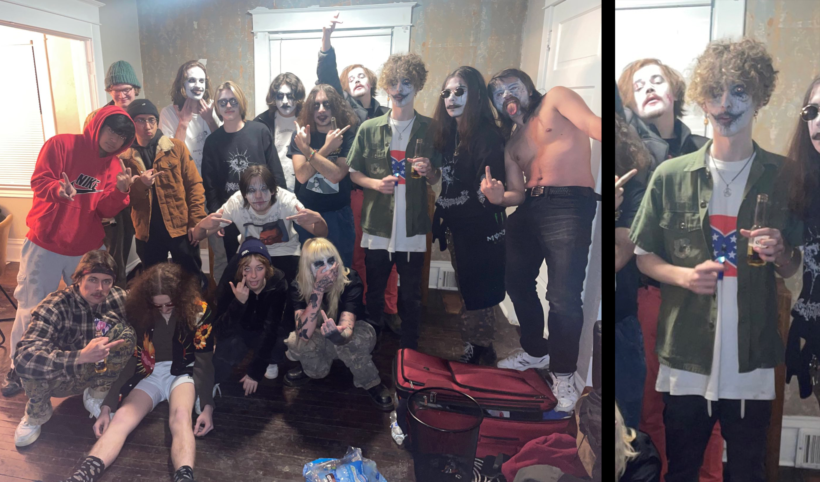 A skinny young man with joker makeup poses wearing a confederate flag as part of a group picture