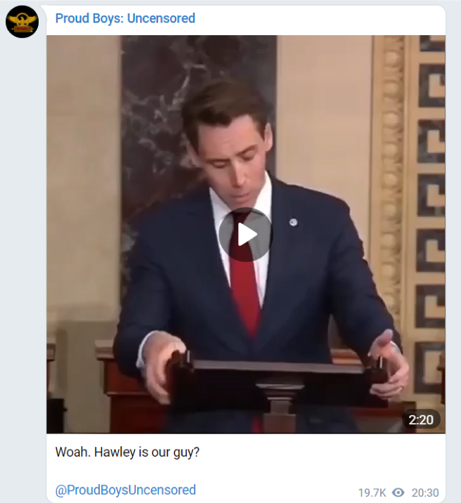 Video of Hawley's speech shared on a Proud Boy telegram channel.