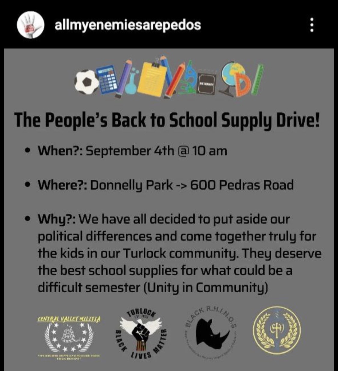 flyer for a back to school supply drive with the logos of Turlock BLM, the Central Valley Proud Boys, Central Valley Militia and an organization called Black Rhino