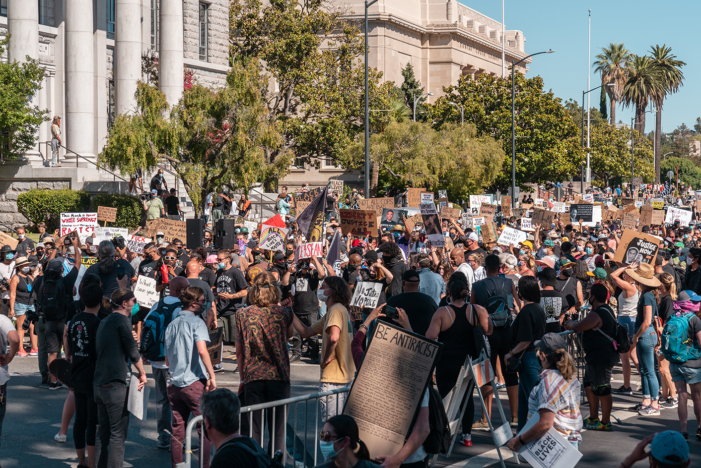 Several hundred people gather in front of the Contra Costa County Courthouse at the “Zero Tolerance for White Supremacy” protest in Martinez, Calif., on Sunday, July 12, 2020.