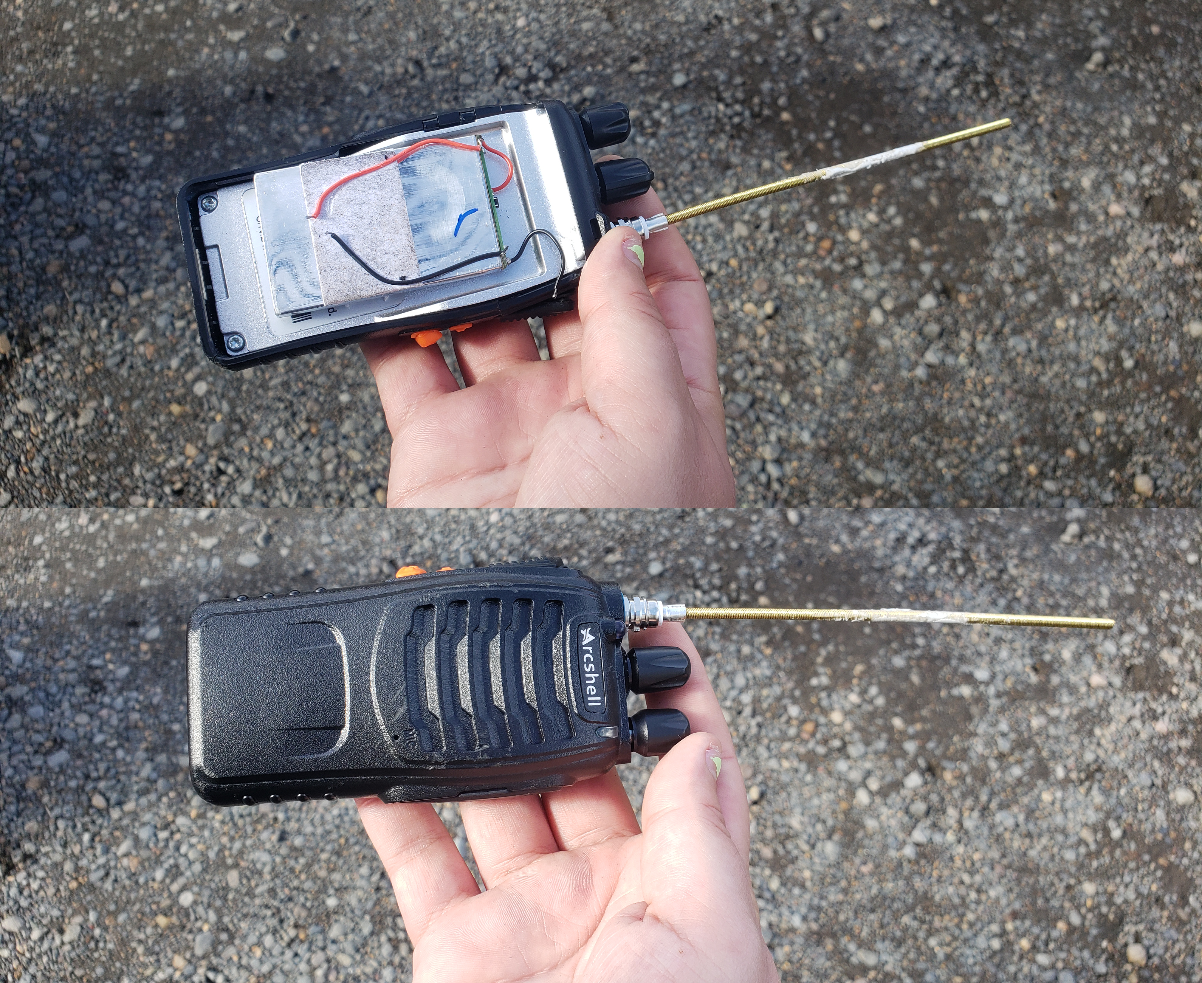 Bottom photo is A photograph of my hand holding a walkie talkie. The front has a black plastic case that says 'Arcshell' in white font. There's a long bronze antennae. Top photo is the back side and it's casing is missing. The inside is pretty plain silverish metal with three wires. One red, a short blue, and a black. The bronze antennae can be seen again.