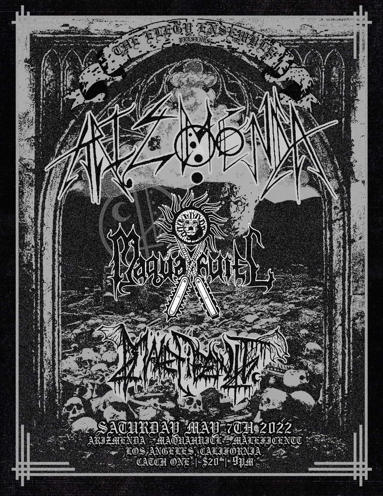 Flyer for Maquahitl's show in grey and black with two other bands' logos overlayed on top of an image of a crypt full of skulls