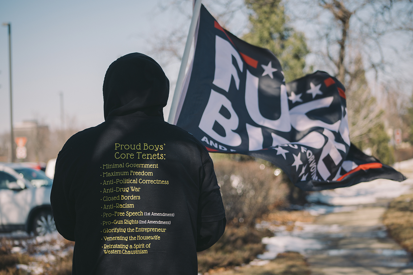 a man with a hoodie stands with his back to the viewer holding a flag