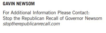 screenshot of ballot form that says For Additional Information Please Contact Stop the Republican Recall of Governor Newsom and the website stop the republican recall dot com