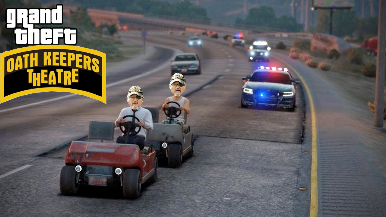 a poorly photoshopped image of two people driving golf carts fleeing a police chase from one of the grand theft auto videogames. the characters' heads have been replaced by Stuart Rhodes