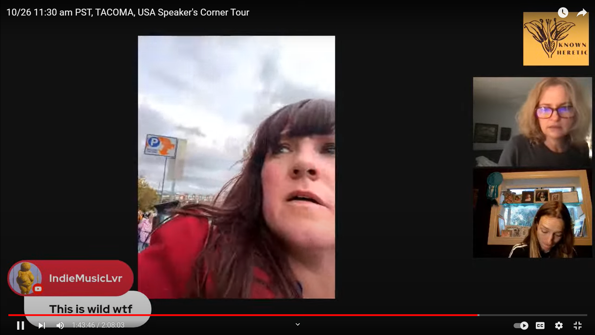 A live-stream screen capture. A woman on the left, Amy Sousa, appears to be running. Two women on the right look on fearfully.