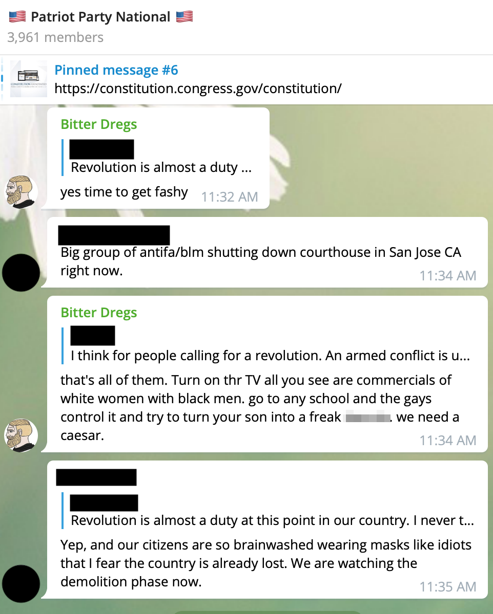 A conversation in 'Patriot Party National' between user 'Bitter Dregs' and a redacted user. Bitter Dregs: yes time to get fashy REDACTED: Big group of antifa/blm shutting down courthouse in San Jose CA right now. Bitter Dregs: that’s all of them. turn on thr TV all you see are commercials of white women with black men. go to any school and the gays control it and try to turn your son into a freak \[transphobic slur\]. we need a caesar. REDACTED: Yep, and our citizens are so brainwashed wearing masks like idiots that I fear the country is already lost. We are watching the demolition phase now.