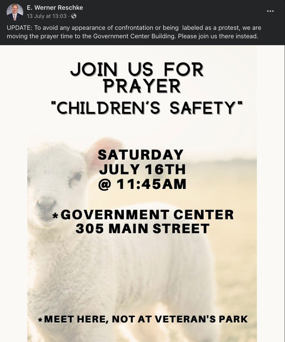 Flyer that says 'join us for prayer' and 'children's safety' in quotation marks with the location at the government center now. Instead of the violent quote in the previous image and praying hands, there's a lamb in a field
