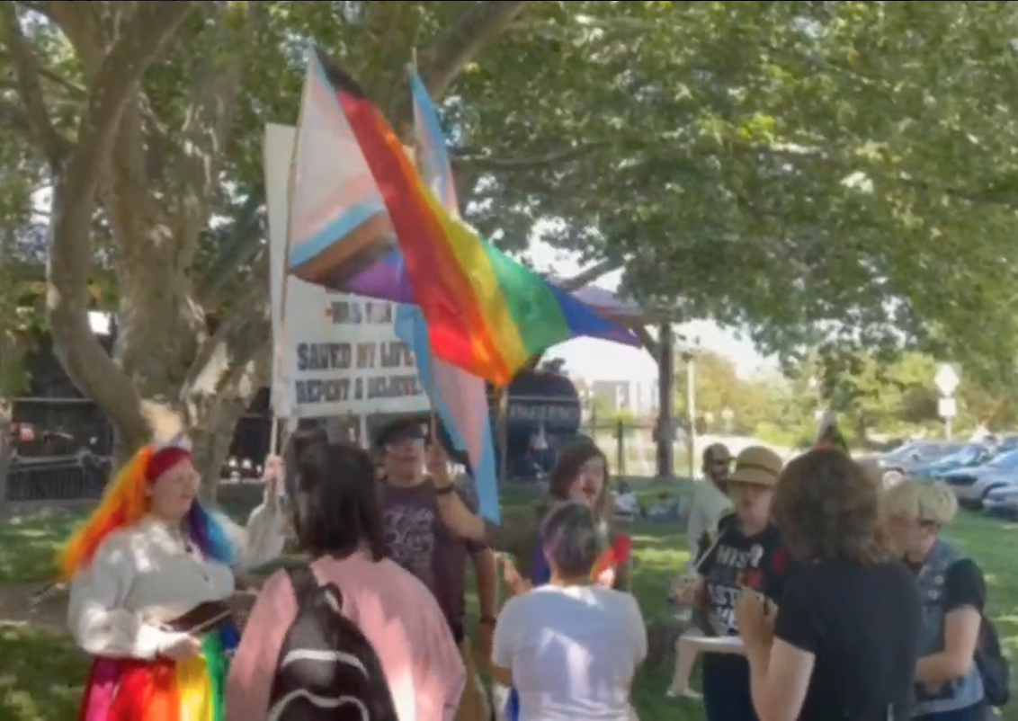 people holding LGBT pride flags and signing in a park in front of a bunch of other people with signs and sour looks on their faces