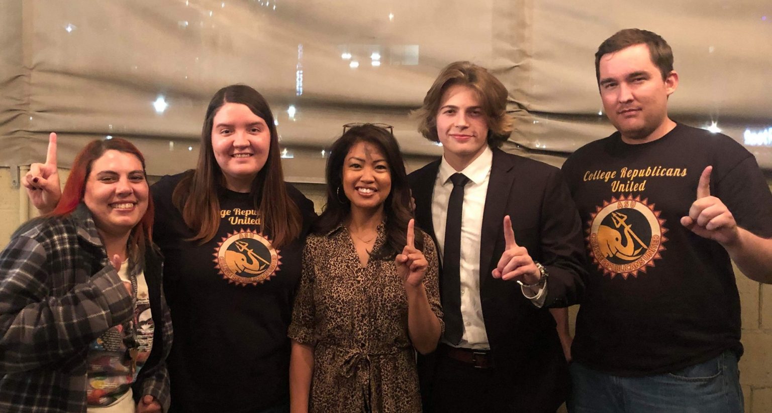 Unknown, Julie Hoffman (CRU-ASU President 2020), Michelle Malkin, Jesse Fischer (CRU-ASU President 2021), Richard Thomas (CRU-ASU Founder) all flashing the America First handsign