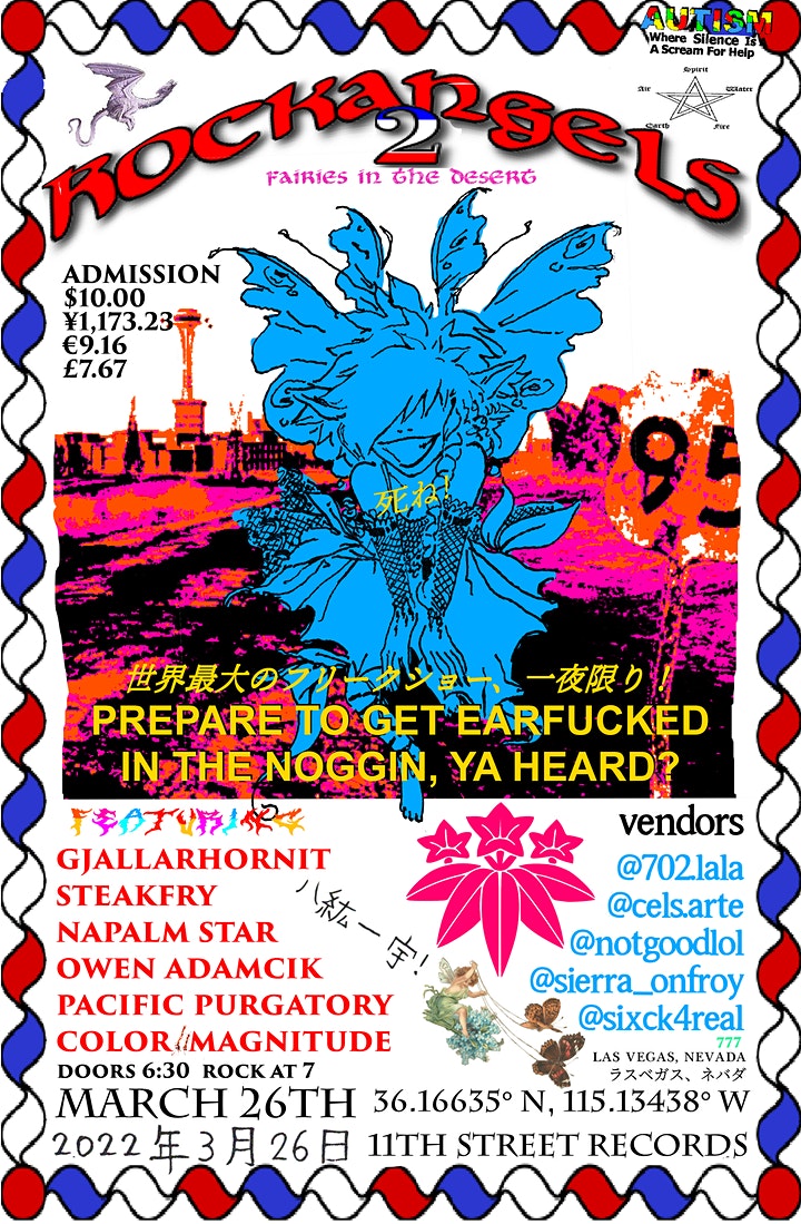 Flyer for rock angels 2 listing the bands and depicting a cartoon fairy girl with las vegas's skyline in the background and the words 'prepare to get earfucked in the noggin ya heard?'