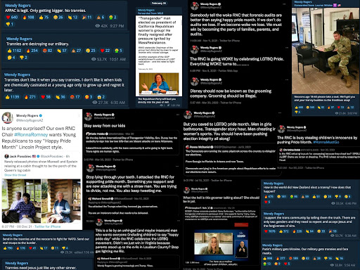 nearly 2 dozen screenshots from Wendy Rogers’ Twitter and Telegram accounts where she’s calling trans people slurs, calling LGBTQ people 'groomers' and critcizing the RNC and Republicans who support Pride Month