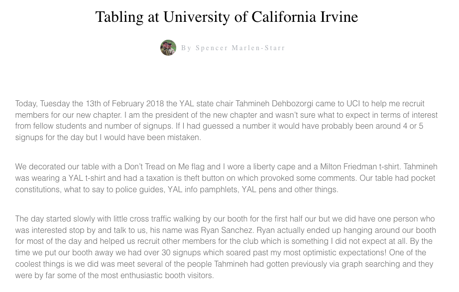 YAL article records Ryan Sanchez as helping recruit at UCI