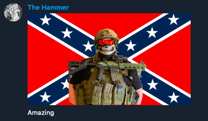 Josh Barham standing with his rifle balanced on his gut above his plate carrier. He's fully kitted out in body armor with a confederate flag poorly photoshopped behind him. The caption on 'The Hammer' telegram channel where it was posted reads 'Amazing.'