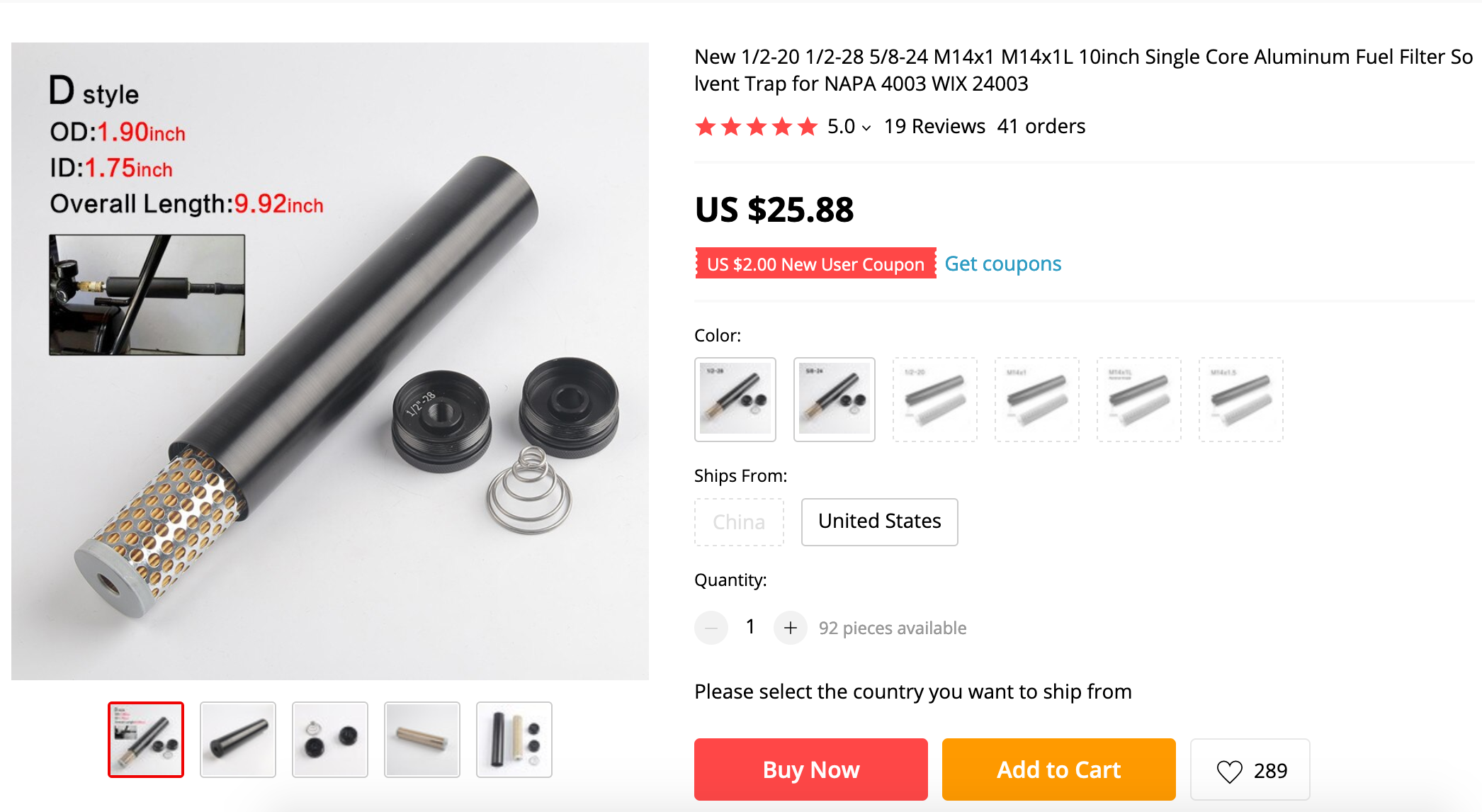 Screenshot of the Ali Express page where you can buy a solvent trap. The trap is a bunch of cylindrical metal parts that can be fashioned into a silencer. It's 25 dollars and 88 cents. Please don't attempt to buy this item for the reasons outlined in this story.