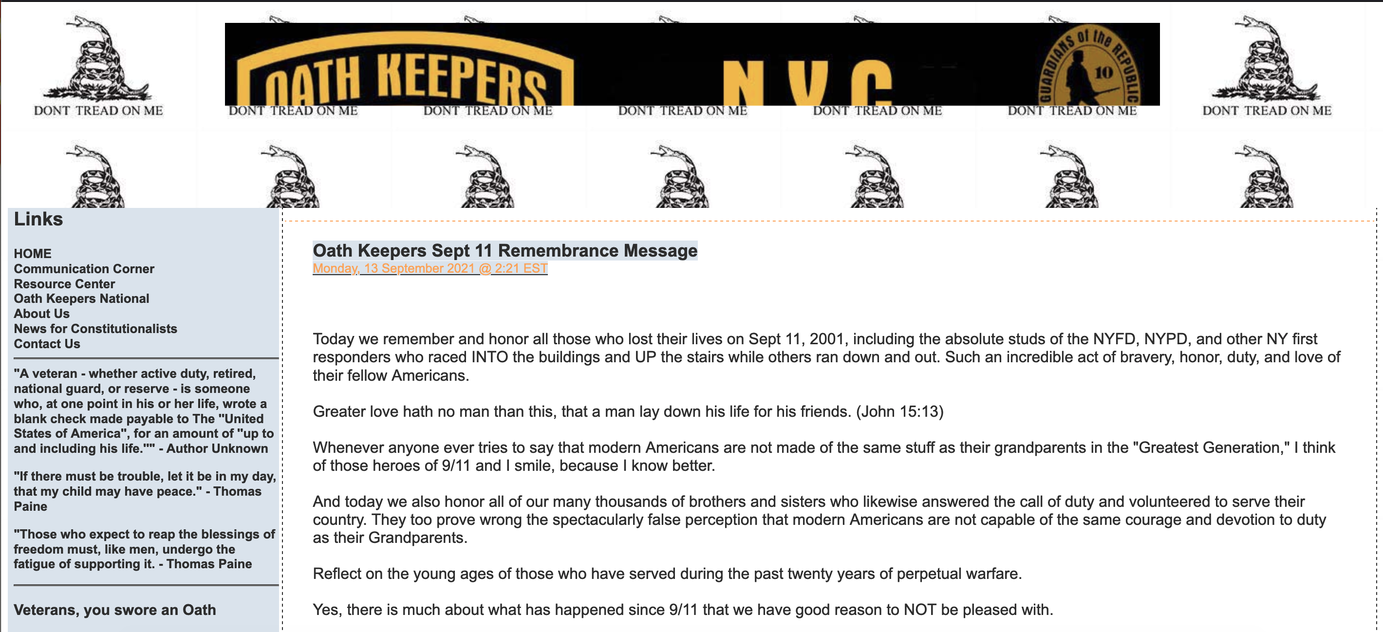 An old and poorly-designed website featuring 'Don't tread on me' flags and bombastic appeals to patriotism with a half-loaded banner displaying the oath keepers yellow and black logos
