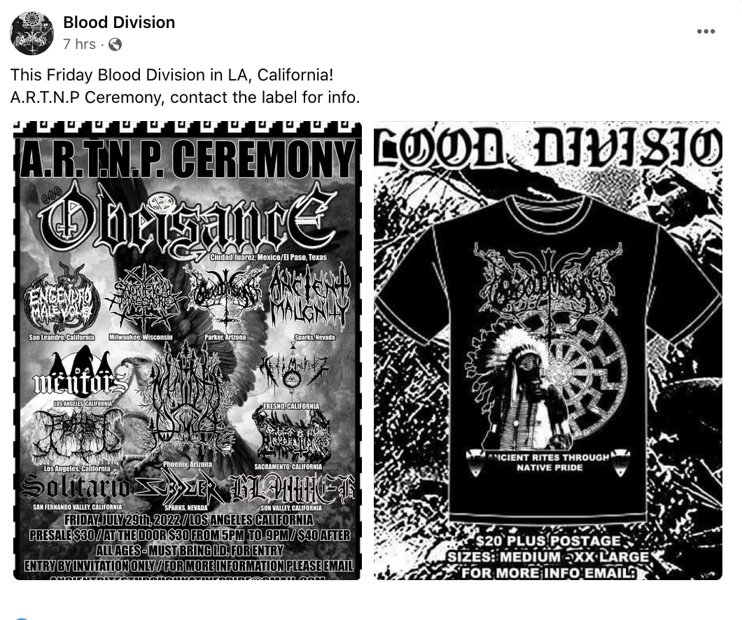 A facebook post from the band Blood Division. The flyer for the A.T.R.N.P. Ceremony show on the left lists the bands with some hard-to-make-out gothic imagery in the background while on the right Blood Division advertises a t-shirt for $20 that depicts their logo, a sonnenrad and a guy with an indigenous feather headdress and a gas mask and the words 'ancient rites through native pride.'