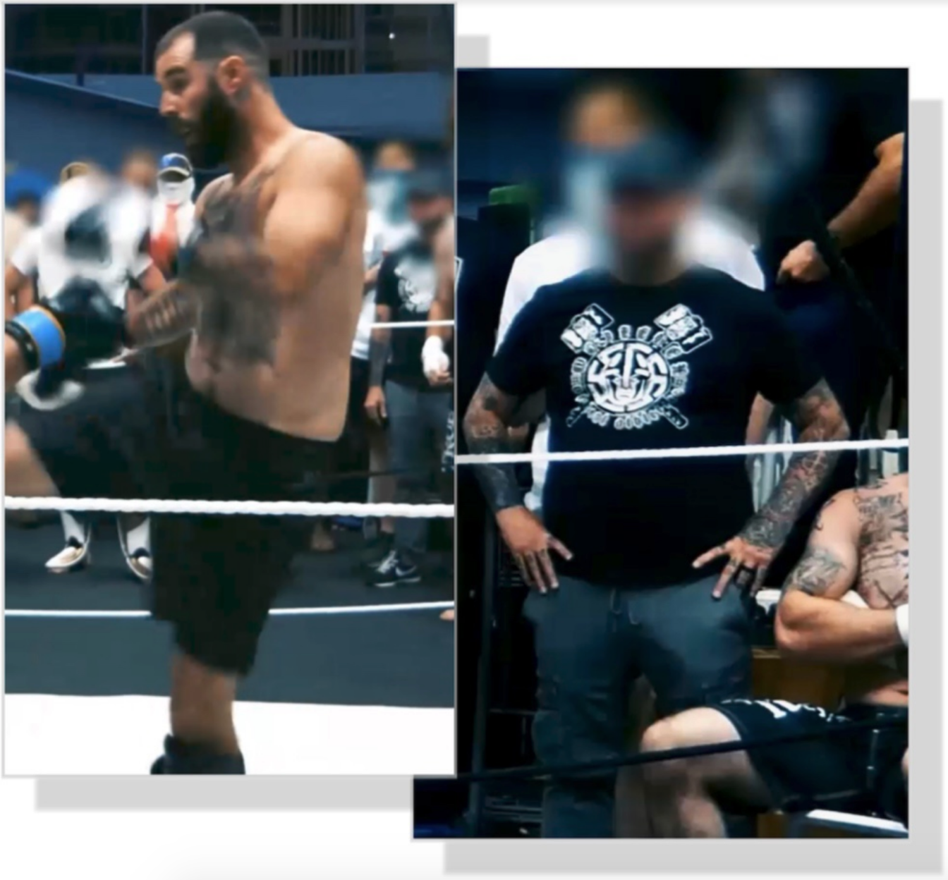 (Left) A color still of Patrick Kelly Mushaney, he is shirtless and wearing black shorts as he kicks towards his opponent. He has short dark hair, dark full beard, and a massively receding hairline. His tattoos are blurry because this is a video still, but frankly they are pretty ugly anyway so you aren’t missing much. Behind him, the faces of the audience have been sloppily edited out in an attempt to conceal their identities (lol). | (Right) A color photo of Joseph Sty wearing a black short sleeve shirt with white screen printing of crossed hammers and some sort of Odin-esque graphic. His heavily tattooed arms are identifiable in part due to the Celtic cross on his left forearm, as well as others on his hands and fingers. He appears to be wearing a black wedding ring (yikes).