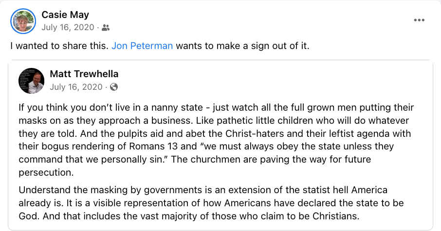 a matthew trewhella rant on facebook about how we live in a nanny state because 'fullgrown men' put masks on to enter buildings during a pandemic