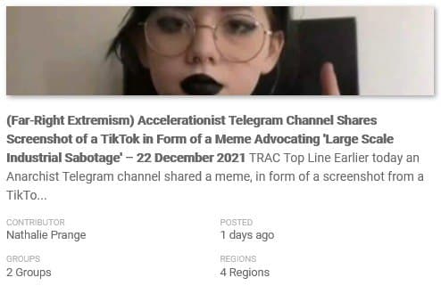 A screenshot of a TRAC bulletin incorrectly ascribing a video to an ‘anarchist channel’