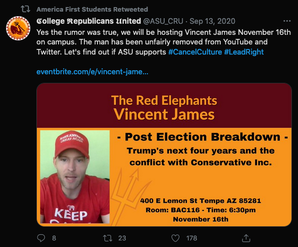 America First Students retweeting College Republicans United announcement of Vincent James's speaking engagement at ASU