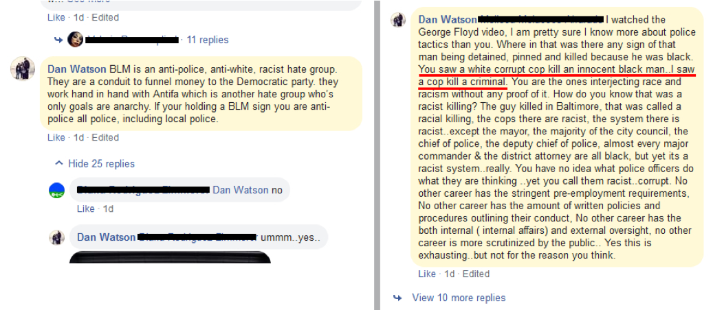 Screenshots of Watson’s Facebook comments about George Floyd’s murder and BLM